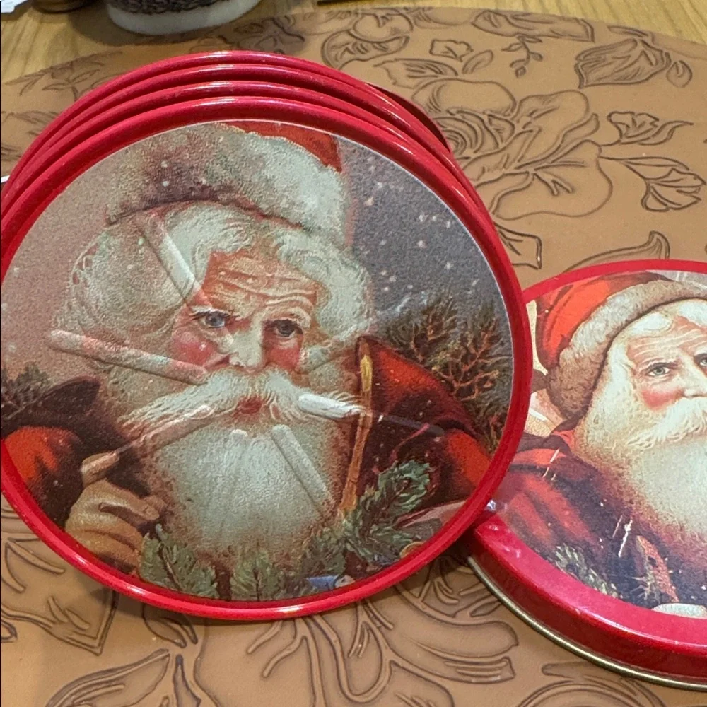 Vtg Tin Santa Claus Coasters, Christmas Lidded 5/ Container ~Holiday Round 3.5”